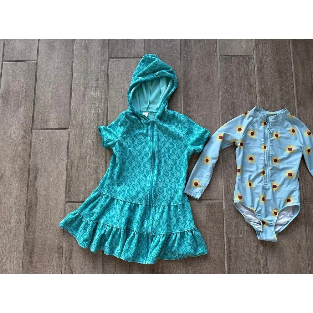 Girls Swim Set One Piece Rash Guard Modest 6/7 Sunflower Suit Cover Up 7/8 Long